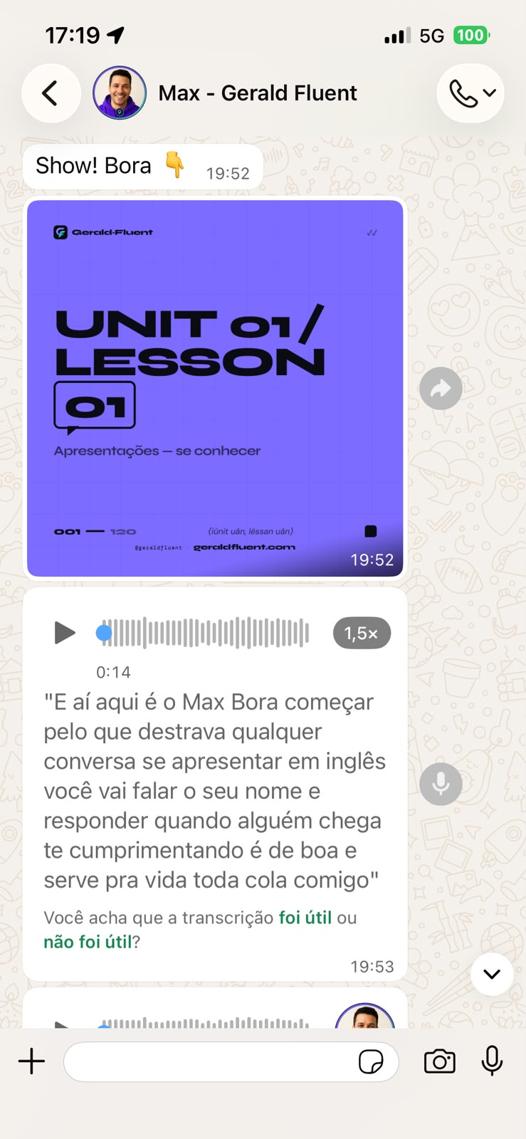 Lição e feedback de áudio do Max no WhatsApp